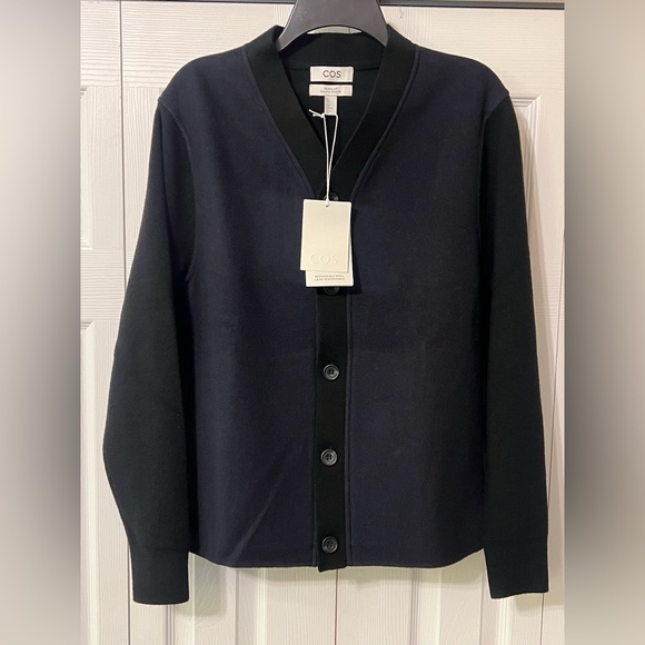 COS Colour-Block Panelled Wool Cardigan Dark Blue Black Size Small Mens New - Picture 2 of 16